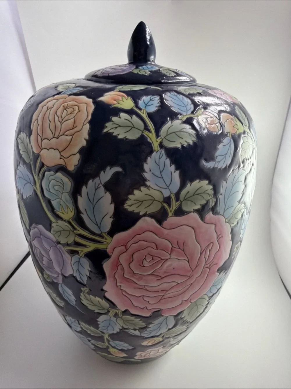 Vintage Chinese Ginger Jar with Lid Chinoiserie Flowers Large 12”